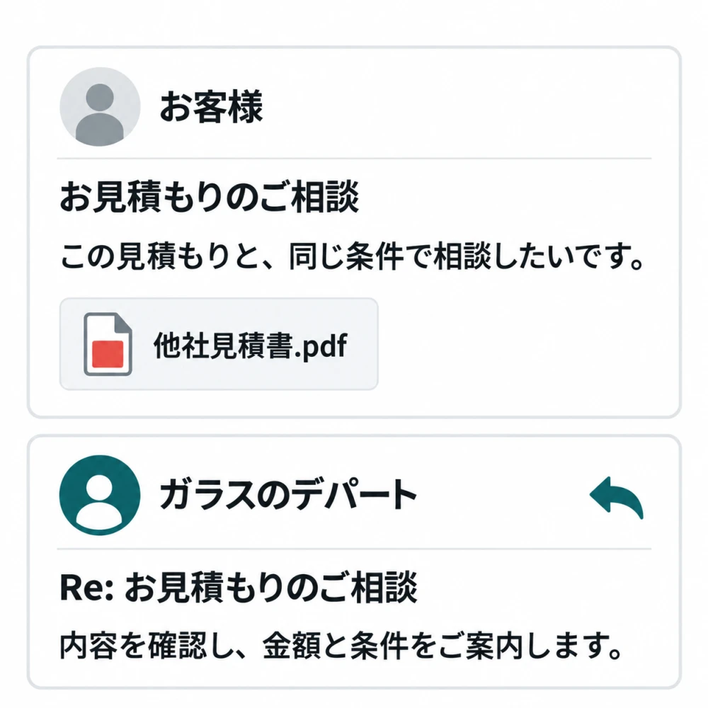 お客様「この見積もりと、同じ条件で相談したいです。」(添付:他社見積書.pdf)への、ガラスのデパートからの返信「内容を確認し、金額と条件をご案内します。」